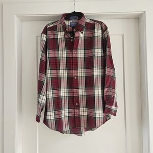 Pendleton Burgundy and Cream Plaid Button Down Shirt Size Medium 100% Wool